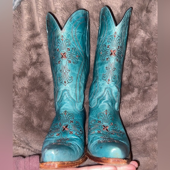 💎PECOS BILL Turquoise Leather Western Cowgirl Boots Embroidery Crosses 8.5 - Picture 4 of 16